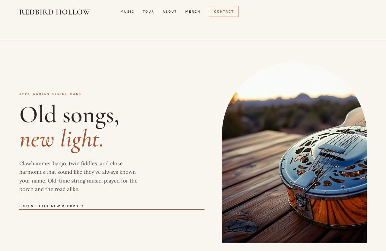 Redbird Hollow · Light Editorial Folk template